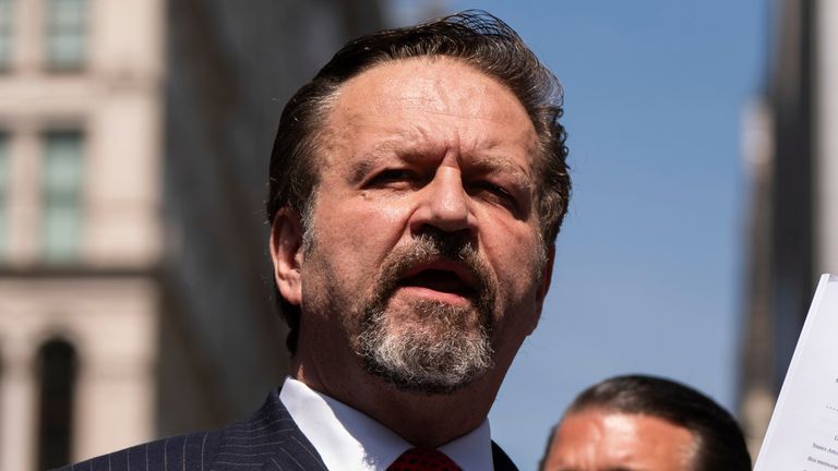 CORRECTS LAST NAME TO GORKA, NOT GORDA - Sebastian Gorka speaks during a press conference outside Manhattan criminal court, Tuesday, May 21, 2024, in New York. (AP Photo/Julia Nikhinson)