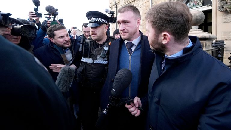 Former Scotland rugby captain Stuart Hogg leaves Selkirk Sheriff Court.
Pic: PA 
