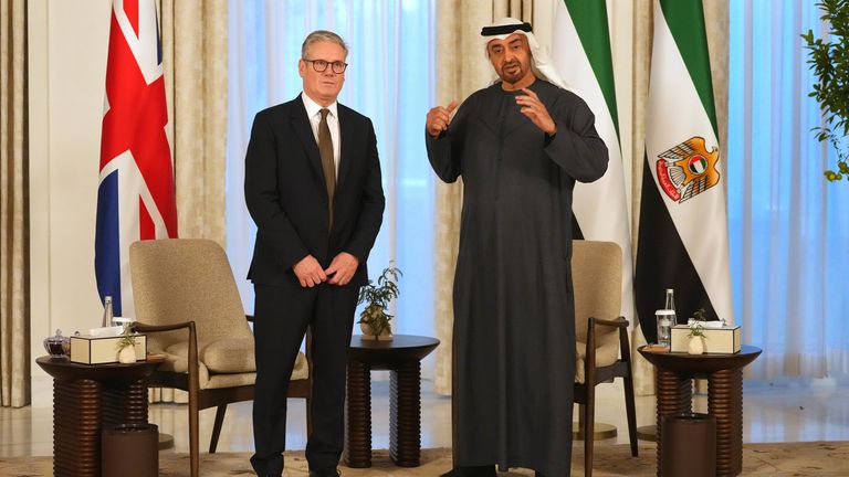 Prime Minister Sir Keir Starmer (left) meets President Sheikh Mohamed bin Zayed Al Nahyan at Shati Palace in Abu Dhabi, United Arab Emirates during his three-day trip to the United Arab Emirates, Saudi Arabia and Cyprus. Picture date: Monday December 9, 2024.