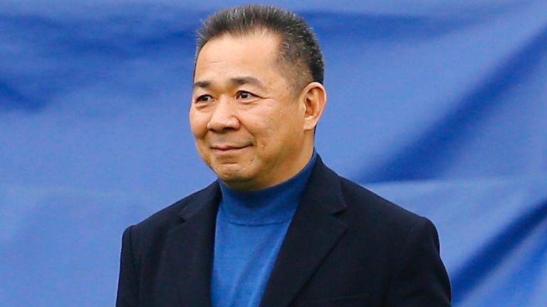 Leicester City Chairman Vichai Srivaddhanaprabha walks onto the pitch on his birthday, after Leicester beat Southampton 1-0 during the English Premier League soccer match between Leicester City and Southampton at the King Power Stadium in Leicester, England, Sunday, April 3, 2016. (AP Photo/Rui Vieira)