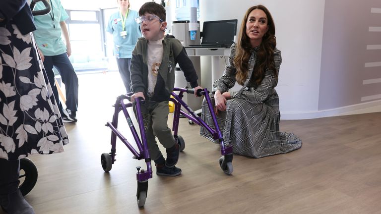 Princess of Wales, Patron of Ty Hafan Children's Hospice, speaks to five-year-old Oscar, during a visit to the hospice in Sully, near Cardiff.
Pic: PA
