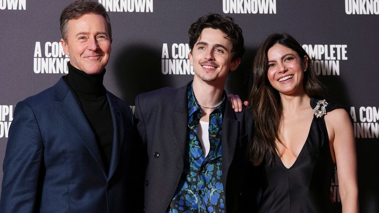 Edward Norton, from left, Timothee Chalamet, and Monica Barbaro pose for photographers upon arrival at the premiere of the film 'A Complete Unknown' in London, on Tuesday, Jan. 14, 2025. (Photo by Scott A Garfitt/Invision/AP)