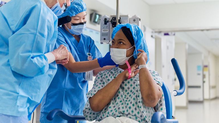 Towana Looney is brought into the operating room for her xenotransplant
surgery. Pic: Joe Carrotta / NYU Langone Health