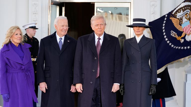 President Donald Trump and Melania Trump were greeted by former president Joe Biden and first lady Jill Biden upon their arrival at the White House. Pic: AP