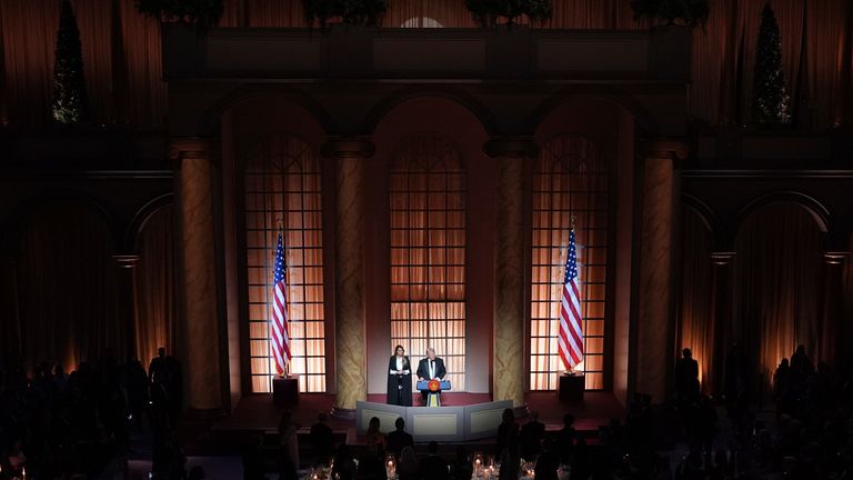 Donald Trump speaks the night before his inauguration at the Building Museum. Pic: AP