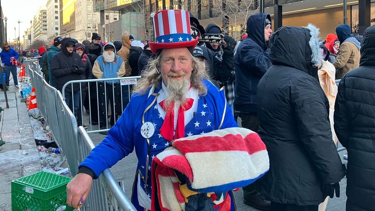 Dan French, dressed up as Uncle Sam, in the queue outside Washington's Capital One Arena