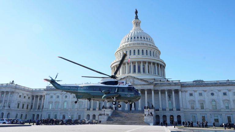 The helicopter with outgoing President Joe Biden and first lady Jill Biden departs from the US Capitol. Pic: Reuters