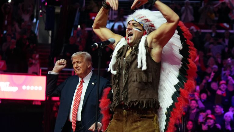 Donald Trump dances with The Village People at the final rally before his inauguration. Pic: AP