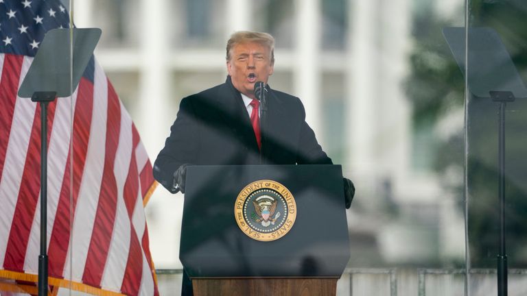 FILE - President Donald Trump speaks during a rally protesting the electoral college certification of Joe Biden as President in Washington, Jan. 6, 2021. Liberal groups are trying to end Donald Trump's attempt to return to the White House by arguing that he is no longer eligible to be president after trying to overturn the 2020 election results. (AP Photo/Evan Vucci, File)