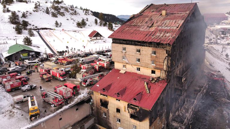 A drone view shows a fire at a hotel in the ski resort of Kartalkaya in Bolu province, Turkey.
Pic: Reuters