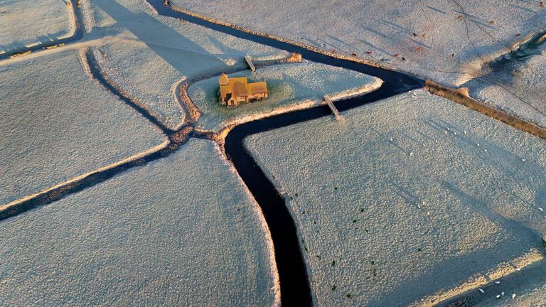 St Thomas Becket church is surrounded by frosty fields on the Romney Marsh in Kent. The UK Health Security Agency (UKHSA) has issued cold weather health alerts for all of England ahead of a week of low temperatures. Amber alerts have been issued from 12pm on Thursday until January 8, meaning a rise in deaths, particularly among those aged 65 and over or with health conditions, is likely, the UKHSA said. Picture date: Friday January 3, 2025.