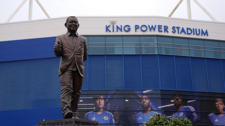 A statue of former Leicester City owner Vichai Srivaddhanaprabha at the King Power Stadium in Leicester. Joe Giddens/PA Wire