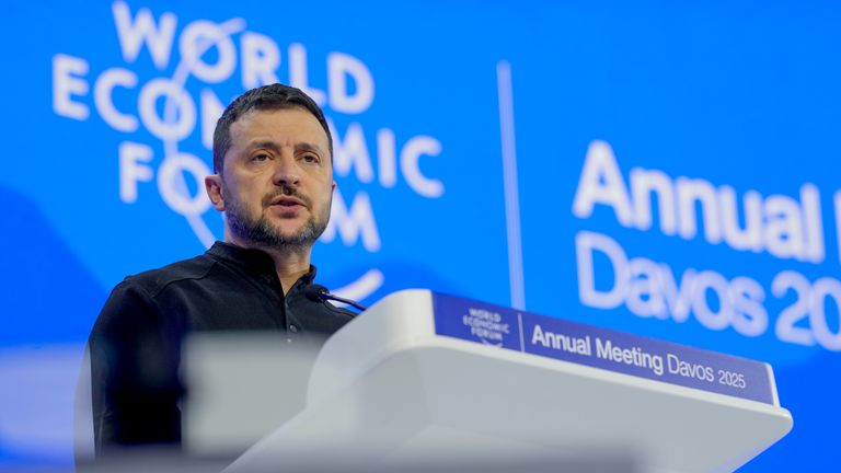 Ukrainian president Volodymyr Zelenskyy speaks at the Annual Meeting of World Economic Forum in Davos. Pic: AP 