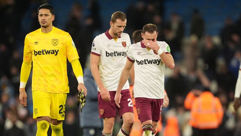 West Ham players after the Premier League defeat at the Etihad Stadium. Pic: PA