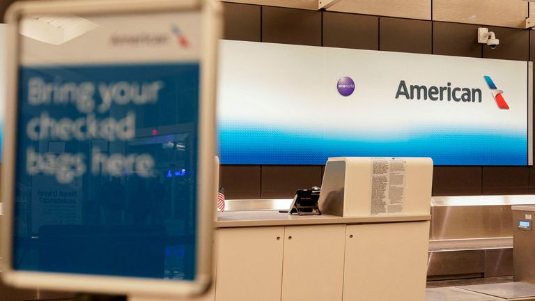 An empty check-in desk at an airport in Wichita, Kansas, after the Washington plane crash. Pic: Reuters/Nick Oxford
