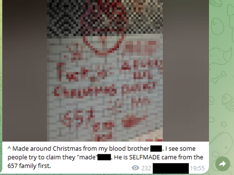 A post in a 764 affiliated Telegram space praising Finnigan under an image of a wall painted red with his pseudonym and satanic iconography. 