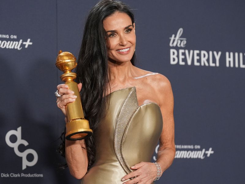 demi moore dress golden globes 2024 Demi Moore Goes Strapless in Armani Dress for Golden Globes 2025