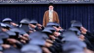 Iran's Supreme Leader Ayatollah Ali Khamenei listens to the national anthem as Air Force officers salute during their meeting in Tehran, Iran
Pic: WANA/Reuters