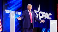 U.S. President Donald Trump reacts onstage during the Conservative Political Action Conference (CPAC) annual meeting in National Harbor, Maryland, U.S., February 22, 2025. REUTERS/Nathan Howard