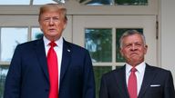 FILE - President Donald Trump stands with Jordan's King Abdullah II at the White House, June 25, 2018, in Washington. (AP Photo/Evan Vucci, File)