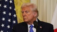 U.S. President Donald Trump attends a joint press conference with Japanese Prime Minister Shigeru Ishiba after their bilateral meeting at the White House in Washington, D.C., on February 7, 2025. ( The Yomiuri Shimbun via AP Images )