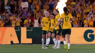 MELBOURNE, AUSTRALIA - FEBRUARY 28: Matildas celebrate a goal during Round 3 of the 2024 AFC Women's Olympic Qualifying football match between CommBank Matildas and Uzbekistan at Marvel Stadium on February 28, 2024 in Melbourne, Australia. (Photo by Santanu Banik/Speed Media/Icon Sportswire) (Icon Sportswire via AP Images)
