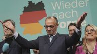 dpatop - 23 February 2025, Berlin: Friedrich Merz (CDU, M), party leader and candidate for chancellor, stands between Markus S'der, Minister President of Bavaria and CSU leader, and Christina Stumpp, Deputy Secretary General of the CDU, in the Konrad Adenauer House after the forecast for the result of the Bundestag election. The early election to the 21st German Bundestag took place on Sunday. Photo by: Michael Kappeler/picture-alliance/dpa/AP Images