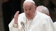 Pope Francis delivers his blessing during his weekly general audience in the Pope Paul VI hall at the Vatican, Wednesday, Feb. 5, 2025. (AP Photo/Andrew Medichini)