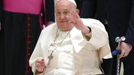 Pope Francis arriving in a wheelchair for his weekly audience on 12 February.
Pic: AP/Alessandra Tarantino