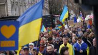 People taking part in a march from the St Volodymyr Statue to the Russian Embassy in central London, to mark the upcoming three year anniversary of the Russian invasion of Ukraine on 24th February. Picture date: Saturday February 22, 2025.