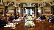 FILE PHOTO: U.S. Secretary of State Marco Rubio meets with Saudi Foreign Minister Prince Faisal bin Farhan Al Saud, Saudi National Security Advisor Mosaad bin Mohammad Al-Aiban, U.S. National Security Advisor Mike Waltz, U.S. Middle East envoy Steve Witkoff, Russian Foreign Minister Sergei Lavrov and Russian President Vladimir Putin's foreign policy advisor Yuri Ushakov, at Diriyah Palace, in Riyadh, Saudi Arabia, February 18, 2025. REUTERS/Evelyn Hockstein/Pool/File Photo
