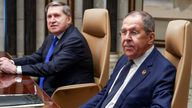Russian Foreign Minister Sergei Lavrov sits next to Russian President Vladimir Putin's foreign policy advisor Yuri Ushakov during a meeting with U.S. Secretary of State Marco Rubio, U.S. National Security Advisor Mike Waltz and U.S. Middle East envoy Steve Witkoff, Saudi Foreign Minister Prince Faisal bin Farhan Al Saud and Saudi National Security Advisor Mosaad bin Mohammad Al-Aiban, at Diriyah Palace, in Riyadh, Saudi Arabia, February 18, 2025. REUTERS/Evelyn Hockstein/Pool
