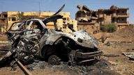 The wreckage of a vehicle in Kafouri, Sudan
