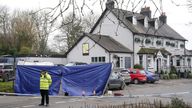 A police cordon outside the Three Horseshoes pub in Knockholt, Sevenoaks in Kent, after emergency services were called just after 7pm on Friday amid reports a woman had suffered serious injuries. A male suspect fled the scene and is yet to be found. Picture date: Saturday February 15, 2025.