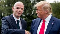 President Donald Trump, right, and FIFA president Gianni Infantino, left, shake hands in front of members of the media on the South Lawn of the White House in Washington, Monday, Sept. 9, 2019, (AP Photo/Andrew Harnik)