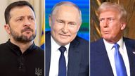 Volodymyr Zelenskyy, Vladimir Putin  and Donald Trump.
Pic: AP