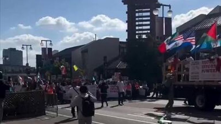 Spring Street was closed on Tuesday afternoon as the demonstration took place, according to the LAPD.