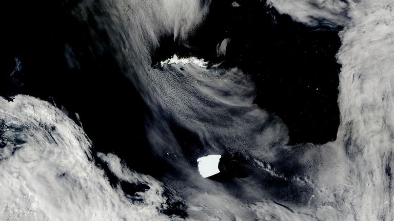 MANDATORY CREDIT - Pic: NASA Worldview/AP

An iceberg seen on NASA...s Aqua satellite, known as A23a, center, is visible as it heads toward South Georgia Island, top, on Jan. 15, 2025, off the coast of Antarctica. (NASA Worldview via AP)