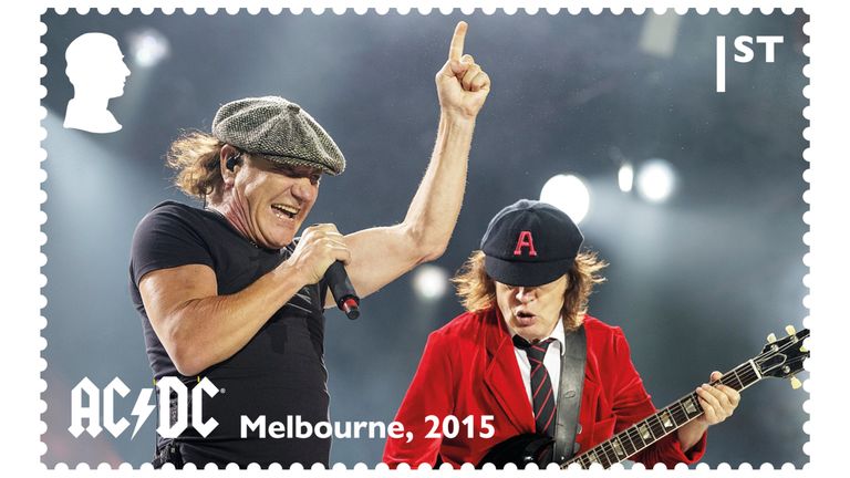 A stamp showing Brian Johnson and Angus Young performing in Melbourne in 2015.
Pic: PA