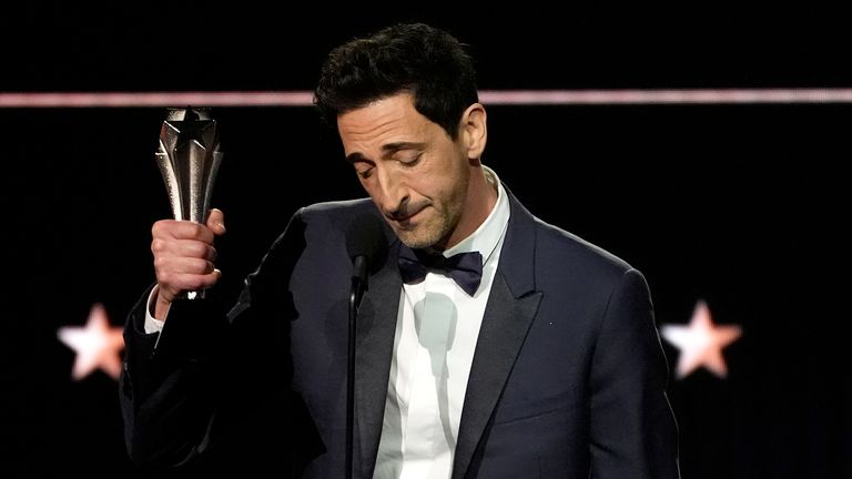 Adrien Brody accepts the award for best actor for his performance in The Brutalist at the Critics Choice Awards 2025. Pic: AP/Chris Pizzello