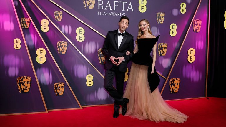 Adrien Brody, left, and Georgina Chapman at the 2025 BAFTA Film Awards. Pic: Joel C Ryan/Invision/AP