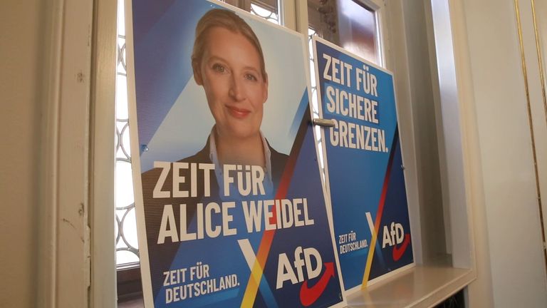 Posters of AfD co-chairperson Alice Weidel stood in the hall