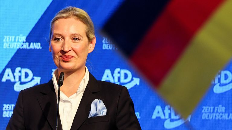 Candidate for Chancellor and co-leader of Germany's far-right Alternative for Germany (AfD) party, Alice Weidel reacts after exit polls for the 2025 general election, in Berlin, Germany, February 23, 2025. REUTERS/Wolfgang Rattay
