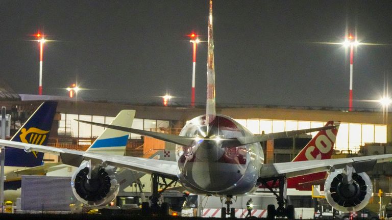 American Airlines flight AA292 en route from New York to New Delhi that turned around over the Caspian Sea Sunday, Feb. 23, 2025, sits on the tamarack of Rome's Leonardo da Vinci International airport. (AP Photo/Kirsty Wigglesworth)