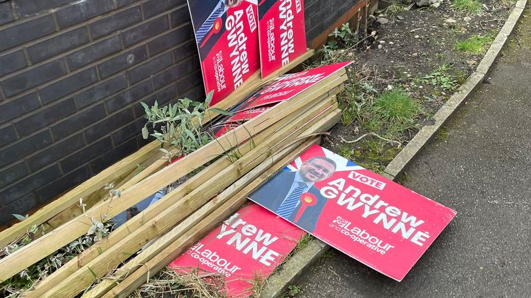 Andrew Gwynne campaign placards on the floor outside his house after he was sacked as a minister