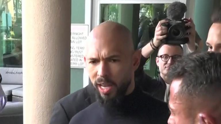 Andrew Tate speaks to reporters after landing in Florida