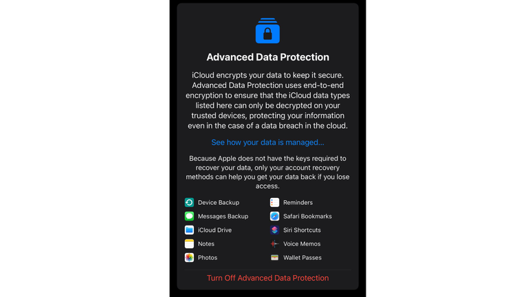 The notice shown to Apple users wanting to use Advanced Data Protection