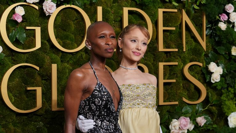 Cynthia Erivo, left, and Ariana Grande arrive at the 82nd Golden Globes on Sunday, Jan. 5, 2025, at the Beverly Hilton in Beverly Hills, Calif. (Photo by Jordan Strauss/Invision/AP)