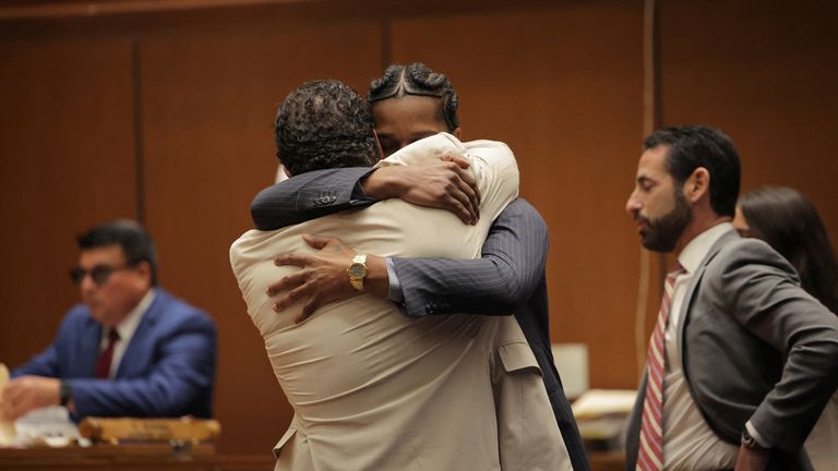 Rakim Mayers, aka A$AP Rocky, embraces his lawyer Joe Tacopina in court after his not-guilty verdict.
Pic: Reuters/Daniel Cole/Pool