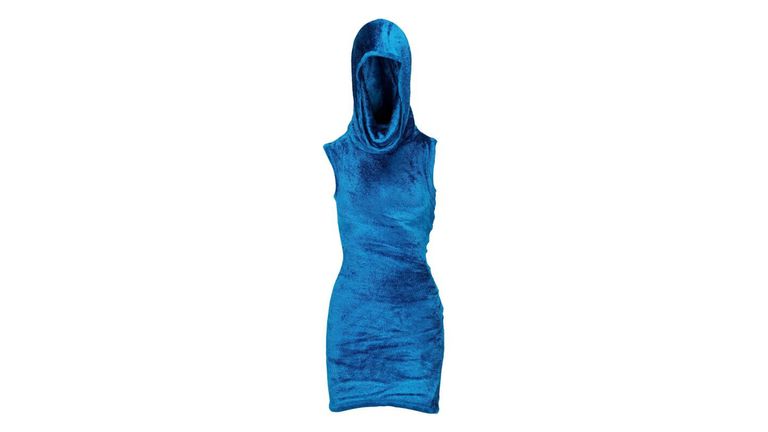 Sabrina Carpenter Alaia hooded blue velvet mini-dress Please Please Please music video. Pic: Julien's Auctions